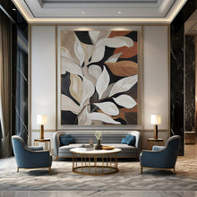 Load image into Gallery viewer, “Elegant Leaf Abstraction” - White, Brown, Green Abstract Botanical Art on Canvas DKH1125