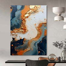 Load image into Gallery viewer, Blue and Gold Fluid Abstract Canvas Painting, Suited for Luxury Bedroom & Elegant Dining Room LargeART1216