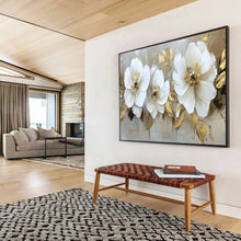 Load image into Gallery viewer, Hand - painted White Flowers with Gold Leaves Acrylic Art for Elegant Dining Rooms LargeART1705