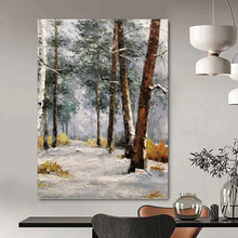 Load image into Gallery viewer, “Snowy Forest Path in Winter” - White, Grey, Brown Landscape Art on Canvas DKH1274