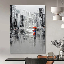 Load image into Gallery viewer, “Black and White Cityscape with Red Umbrella” - Textured Urban Art on Canvas DKH1600