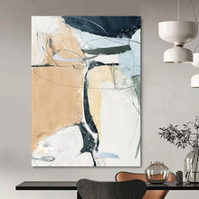 Load image into Gallery viewer, “Beige, Blue & Black Line Abstract” - Minimalist Abstract Art on Canvas DKH1523