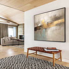 Load image into Gallery viewer, Hand - painted Beige, Gold, and Blue Abstract Layers Acrylic Art for Timeless Living Room Centers LargeART1714