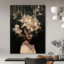 Load image into Gallery viewer, “Floral Veil in Darkness” – Woman with soft, pale flowers and greenery covering her head, dark setting. DTP326