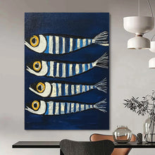 Load image into Gallery viewer, Striped Fish on Blue Abstract Canvas Painting, Perfect for Nautical Nursery & Coastal Café LargeART1189