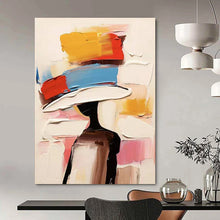 Load image into Gallery viewer, “Color - Blocked Hat Figure” – Abstract figure with a hat of bold color blocks (yellow, red, blue, white). DTP324