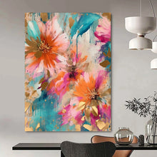 Load image into Gallery viewer, “Teal and Gold Floral Abstract” - Luxe Floral Art on Canvas DKH1598