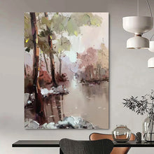 Load image into Gallery viewer, “Pastel Riverbank Forest Scene” - Pastel Multicolor Landscape Art on Canvas DKH1296