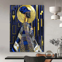 Load image into Gallery viewer, “Blue, Gold and Patterned Figure” - Afro - Centric Abstract Art on Canvas DKH1624