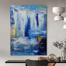 Load image into Gallery viewer, “Blue and Gold Waterfall Abstract” - Blue, Gold, White Abstract Art on Canvas DKH1332