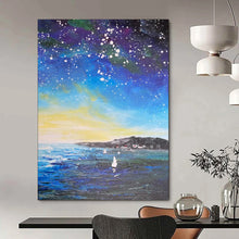 Load image into Gallery viewer, Starry Coastline Sailboats Abstract Painting, Suited for Coastal Bedroom & Stargazing Lounge LargeART1902