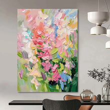 Load image into Gallery viewer, “Vibrant Floral Impasto” - Pink, Blue, and Green Flower Art on Canvas DKH1403