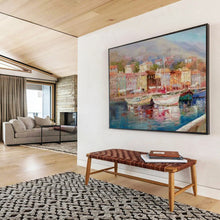 Load image into Gallery viewer, Hand - painted Large - sized Coastal Town Harbor Acrylic Art for Nautical - Themed Living Rooms LargeART1800