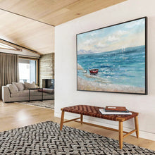 Load image into Gallery viewer, “Seaside Solitude with Red Boat” - Coastal Abstract Acrylic, Good for Beach House and Nautical - Themed Room DLZ224