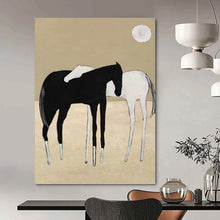 Load image into Gallery viewer, “Minimalist Horse Duo” - Black, White, and Beige Animal Art on Canvas DKH1410