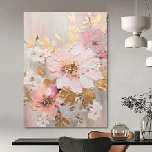 Load image into Gallery viewer, “Blush and Gold Floral Impasto” - Pink, Gold, and White Flower Art on Canvas DKH1390