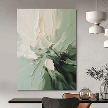 Load image into Gallery viewer, “Textured Green and White Flower” - Green, White Abstract Floral Art on Canvas DKH1185