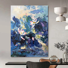 Load image into Gallery viewer, “Impressionistic Lotus Pond” - Blue, Pink, Green Floral Art on Canvas DKH1298