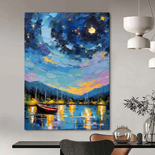 Load image into Gallery viewer, Colorful Starry Night Boat Abstract Painting, Ideal for Coastal Home Office & Dreamy Guest Bedroom LargeART1886