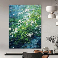 Load image into Gallery viewer, “Lush Green Impasto” - Blue, Green, and White Nature Art on Canvas DKH1404