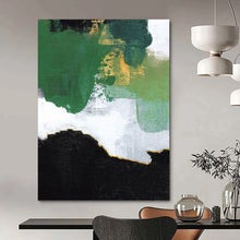 Load image into Gallery viewer, “Green, Gold, and Black Abstract” - Green, Gold, Black, White Abstract Art on Canvas DKH1222