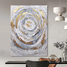Load image into Gallery viewer, “Gilded Spiral Textured Abstract” - Grey, White, Gold Abstract Art on Canvas DKH1286