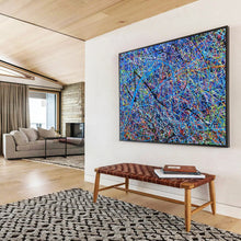 Load image into Gallery viewer, Hand - painted Blue Background Colorful Lines Acrylic Art for Creative Studio Spaces LargeART1726