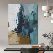 Load image into Gallery viewer, “Blue - Gray Abstract with Gold Lines” Abstract Painting on Canvas, Modern Office Decor DKH1016
