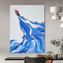 Load image into Gallery viewer, “Boat on Swirling Waves” – Small orange boat, dynamic blue and white swirling wave patterns. DTP321