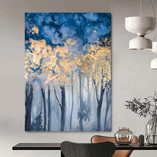 Load image into Gallery viewer, “Golden Canopy in Blue” Abstract Forest Painting on Canvas, Enchanted Woodland Art DKH936
