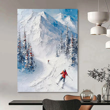 Load image into Gallery viewer, “Textured Mountain Skiers” ,Thick white impasto for mountains, with detailed skiers and snow - covered trees in blue and white. DTP313