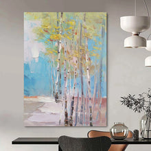 Load image into Gallery viewer, “Colorful Birch Grove Abstract” - Blue, Green, Yellow Landscape Art on Canvas DKH1300