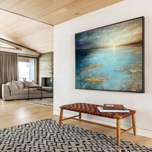 Load image into Gallery viewer, Blue and Gold Seascape Painting on Canvas - “Tranquil Horizons” DKH771
