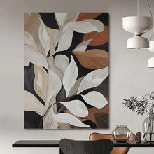 Load image into Gallery viewer, “Elegant Leaf Abstraction” - White, Brown, Green Abstract Botanical Art on Canvas DKH1125