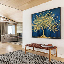 Load image into Gallery viewer, Blue & Gold Tree of Abundance Hand-Painted Abstract Acrylic Art for Dining Room Opulence LargeART1620