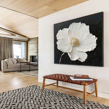 Load image into Gallery viewer, Textured White Flower on Black Abstract acrylic painting DLZ091