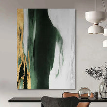 Load image into Gallery viewer, “Gold Accent Green and White” - Green, White, Gold Abstract Art on Canvas DKH1204