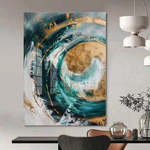 Load image into Gallery viewer, Teal, Gold & White Abstract Swirl Canvas Painting, Suited for Coastal - Inspired Living Room & Art - Filled Wellness Studio LargeART1250