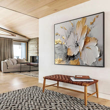 Load image into Gallery viewer, Gold and White Floral Textured Abstract Painting on Canvas - “Gilded Beauty” DKH677