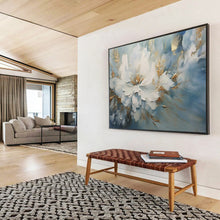 Load image into Gallery viewer, Hand - painted Large - Format White Flower with Gold and Blue Background Acrylic Art for Elegant Bedrooms LargeART1756