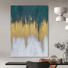Load image into Gallery viewer, “Teal - Gold Dripping Horizons” - Teal, Gold, White Abstract Art on Canvas DKH1235