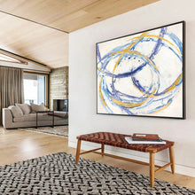 Load image into Gallery viewer, Circle Art “Blue - Gold Dance” Painting on Canvas, Dynamic Abstract Decor DKH847