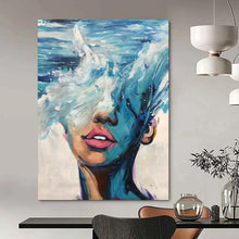 Load image into Gallery viewer, “Wave - Masked Figure” – Blue, white, and pink, with waves merging with a human face. DTP347