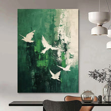 Load image into Gallery viewer, “Green and White Bird Abstract” - Green, White Abstract Art on Canvas DKH1311