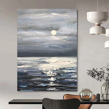 Load image into Gallery viewer, “Moonlit Sea Landscape” - Blue, Grey, White Landscape Art on Canvas DKH1293