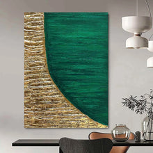 Load image into Gallery viewer, “Gold and Emerald Half - Moon” - Green, Gold Abstract Art on Canvas DKH1219