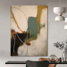 Load image into Gallery viewer, “Colorful Chaos” – Curved lines, blocks of teal, mustard, and rust on white DTP364