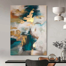 Load image into Gallery viewer, Teal, Gold & White Abstract Acrylic Art with Gold Accents, Suited for Glamorous Bedroom & Upscale Spa LargeART1002