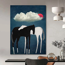 Load image into Gallery viewer, “Horses Under Red Moon” - Black, White, and Red Nature Art on Canvas DKH1418