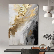 Load image into Gallery viewer, “Gilded Flow” ,White, gray, black, and gold, featuring fluid, dripping brushstrokes and metallic accents. DTP302